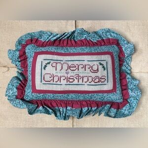 Merry Christmas Cross Stitch Ruffle Throw Pillow Cottage Core Farmhouse Holiday